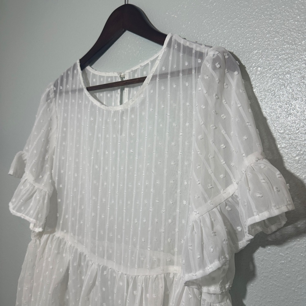 SHEIN Curve White Swiss Dot Ruffle Babydoll Top Sheer Blouse 0XL